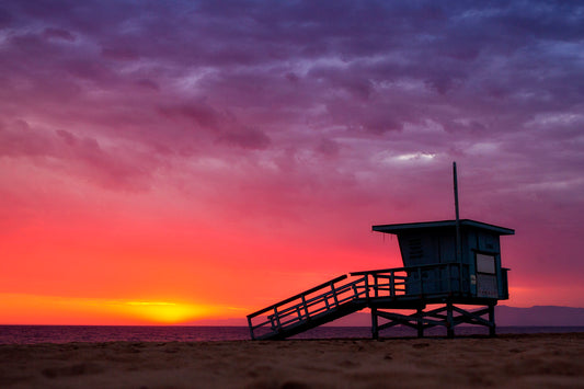 Off Duty Bo Bridges Lifeguard Tower Colorful Sunset Orange Pink Rose Purple Coastal Living artwork art framed photography