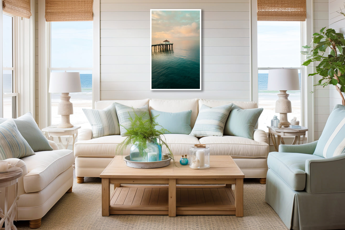 Living room with beige sofa, light blue cushions, wooden coffee table, and Manhattan Beach Pier artwork.